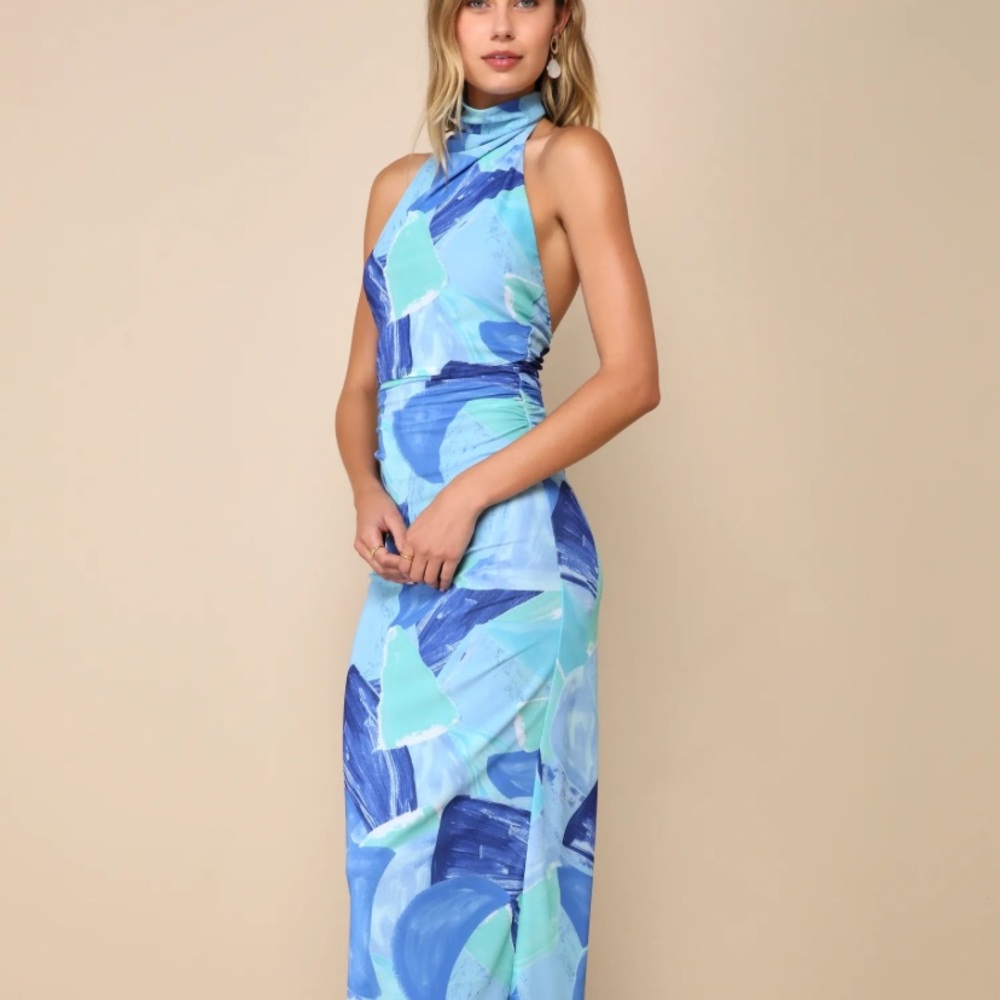 Blue Abstract Print Mock Neck Halter Midi Dress